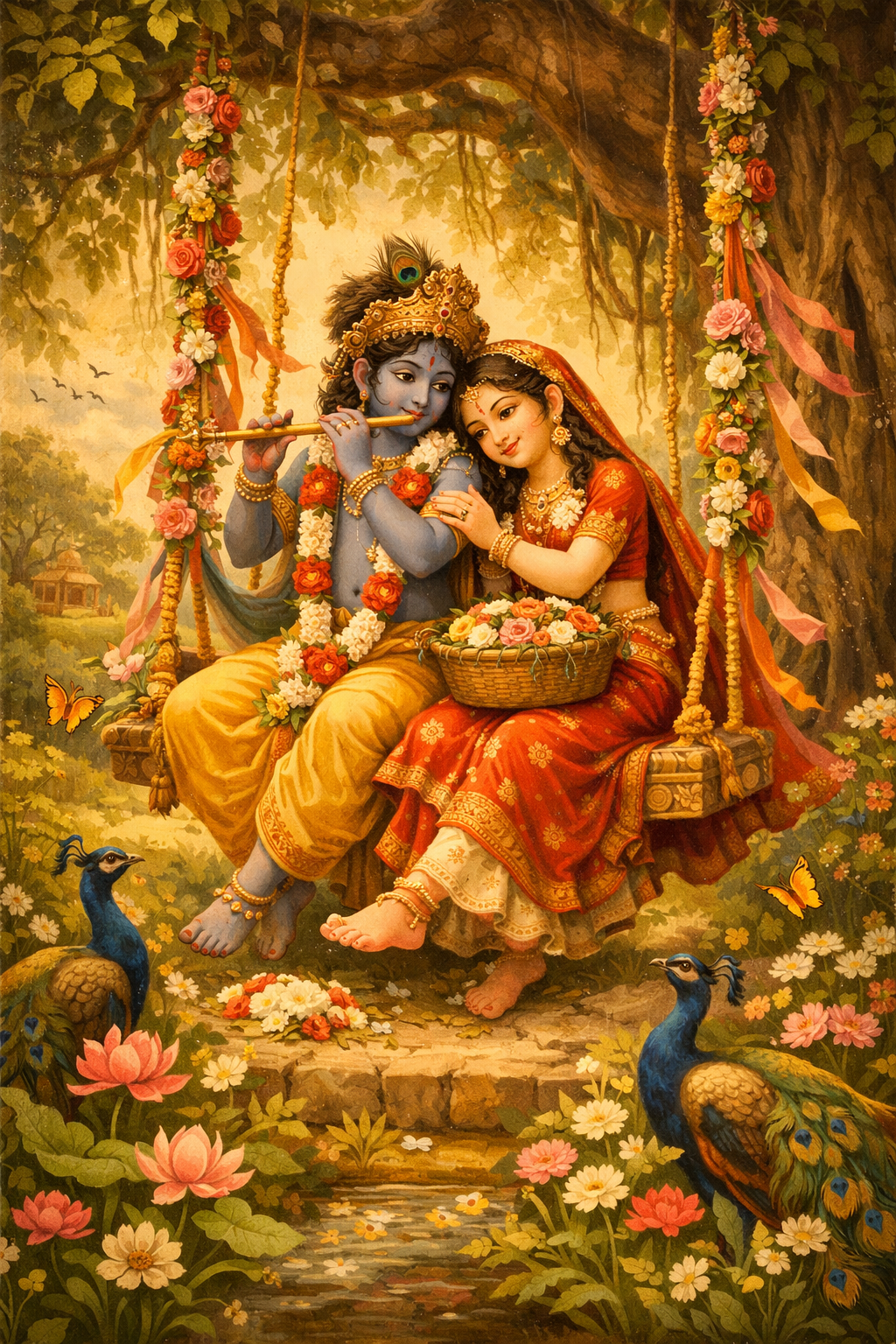 Radha Krishna on decorated jhula swing hanging from banyan tree with peacocks and golden afternoon light